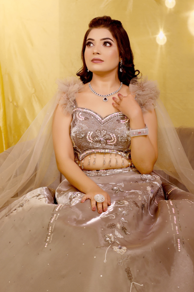 Sandhya Maurya's HD engagement makeup look, showcasing an elegant and radiant style with a flawless finish.