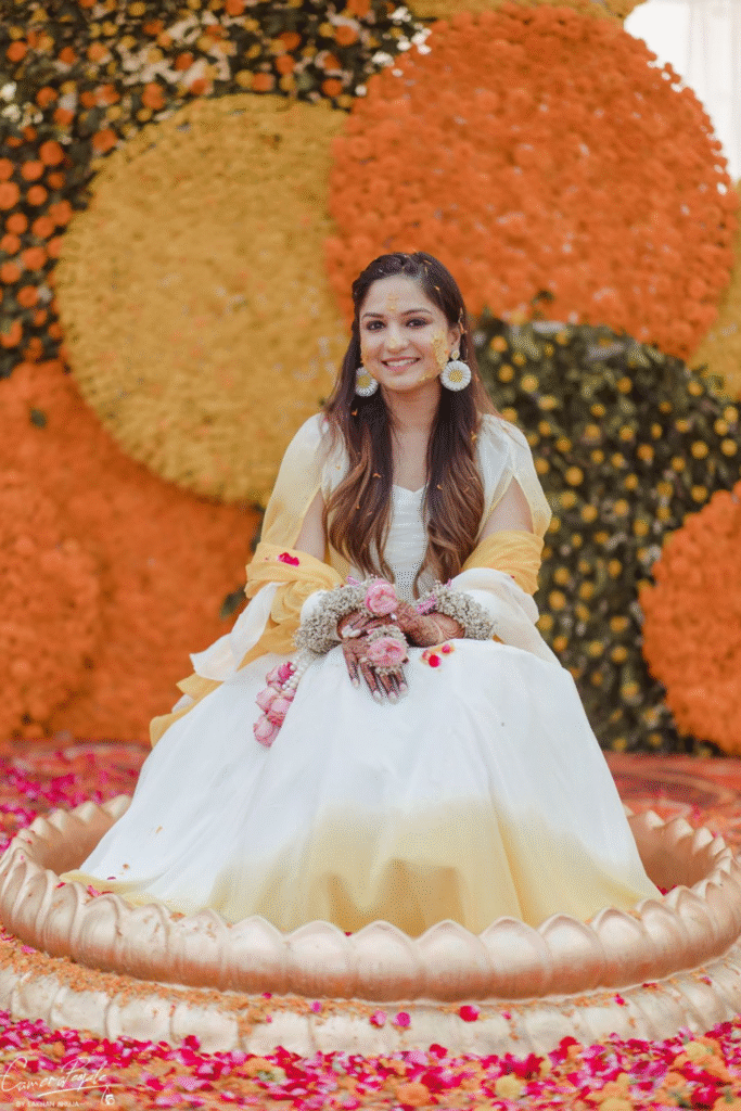 Sandhya Maurya's HD Haldi makeup, showcasing a fresh and vibrant look with a radiant, golden glow.