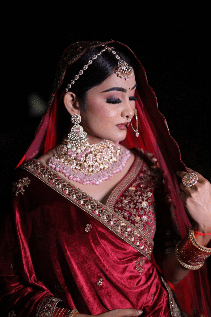 Sandhya Maurya's HD bridal makeup look, showcasing a stunning classic look with a flawless finish.