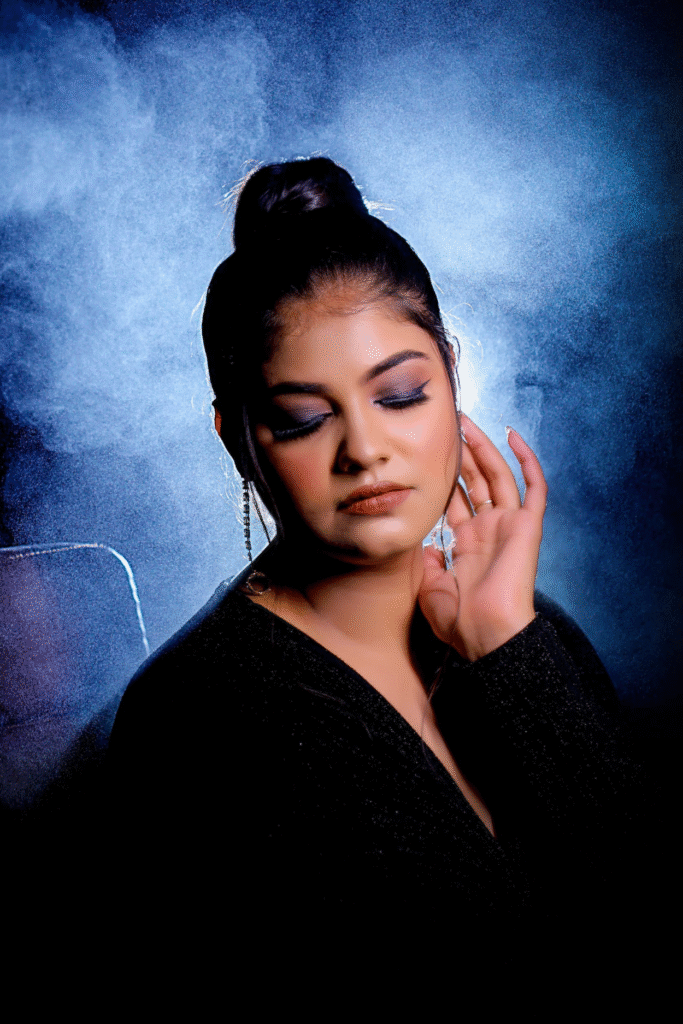 Sandhya Maurya's professional makeup artistry portfolio, showcasing a flawless look with a modern aesthetic.