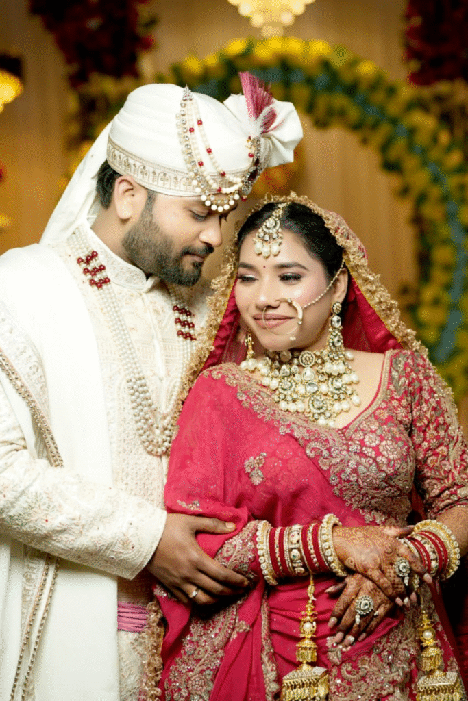 Sandhya Maurya's Ultra HD bridal makeup, showcasing a luminous and timeless look with a flawless finish.