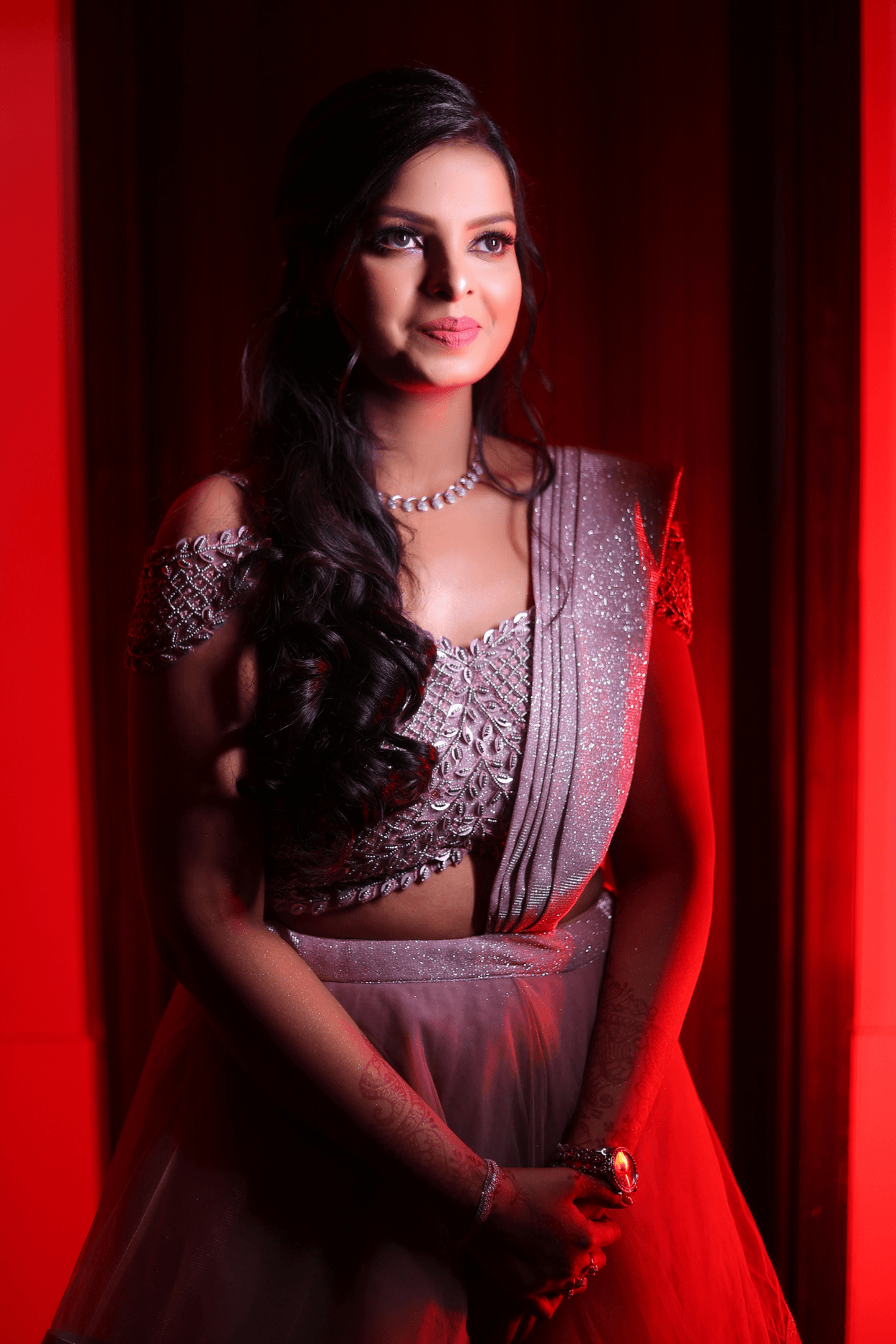 Sandhya Maurya's Ultra HD engagement makeup, showcasing a luminous, timeless style with a flawless finish.