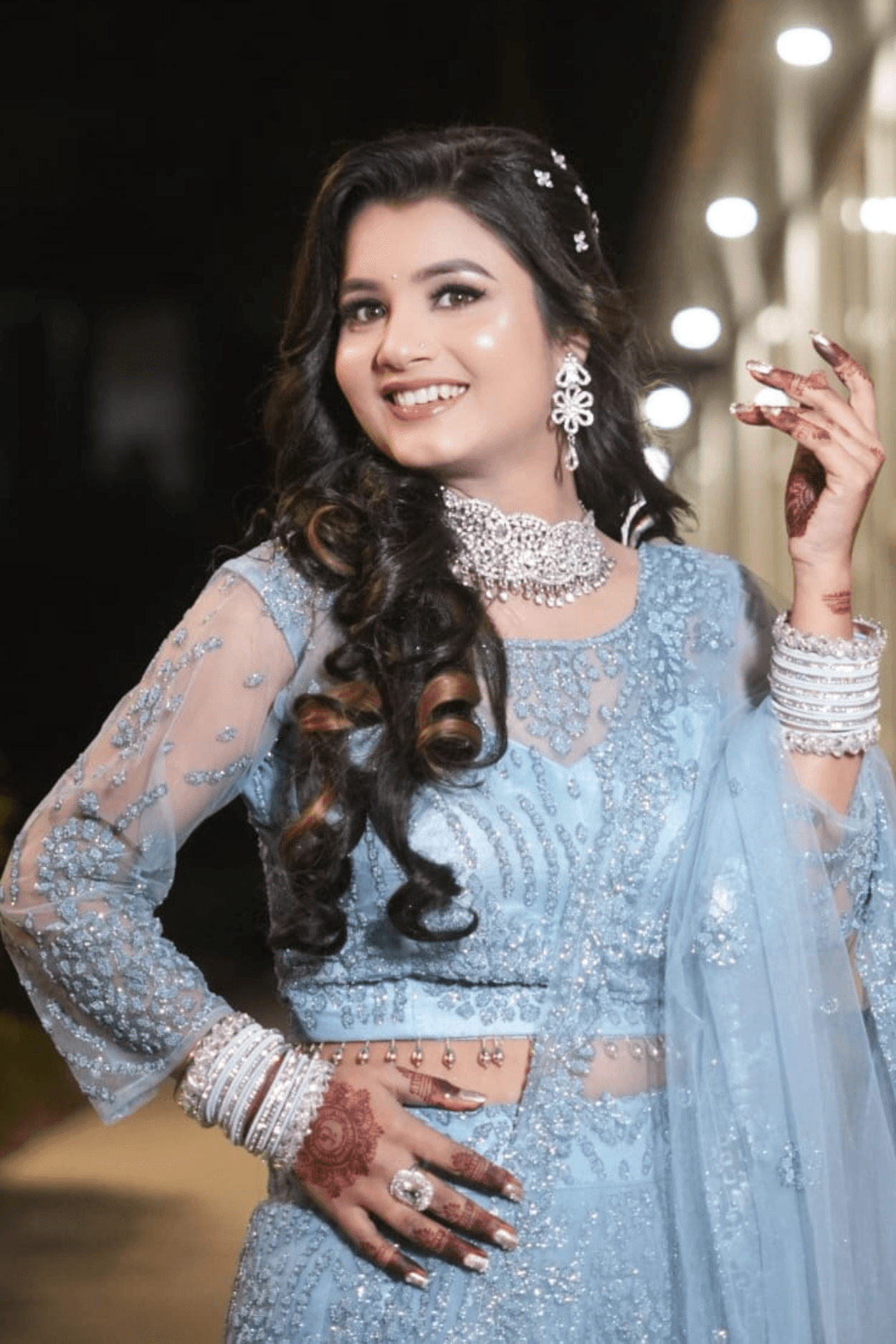 Sandhya Maurya's Ultra HD engagement makeup, showcasing a luminous, timeless style with a flawless finish.