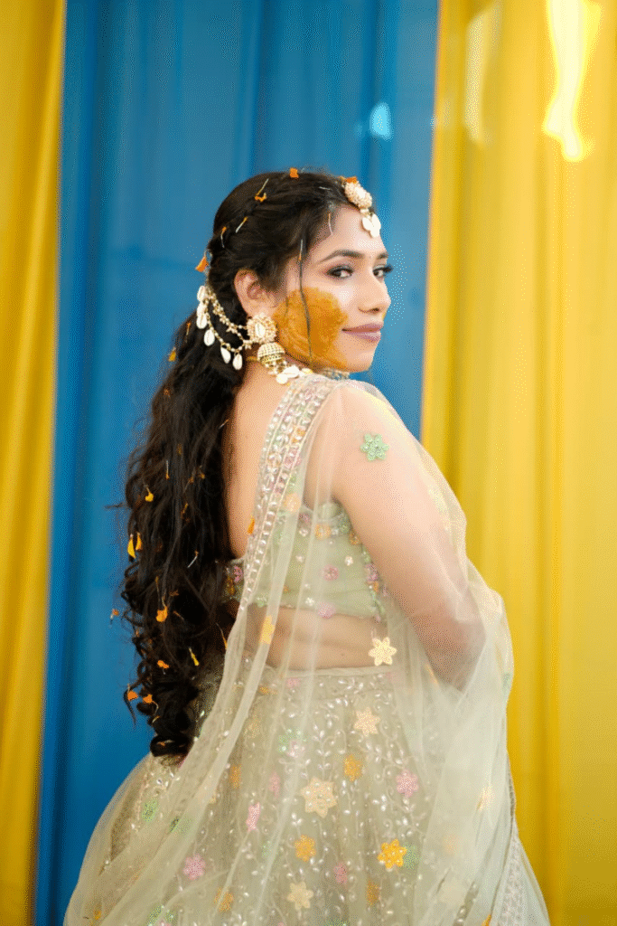 Sandhya Maurya's Ultra HD Haldi makeup, showcasing a fresh, natural, and vibrant look with a sun-kissed radiance.