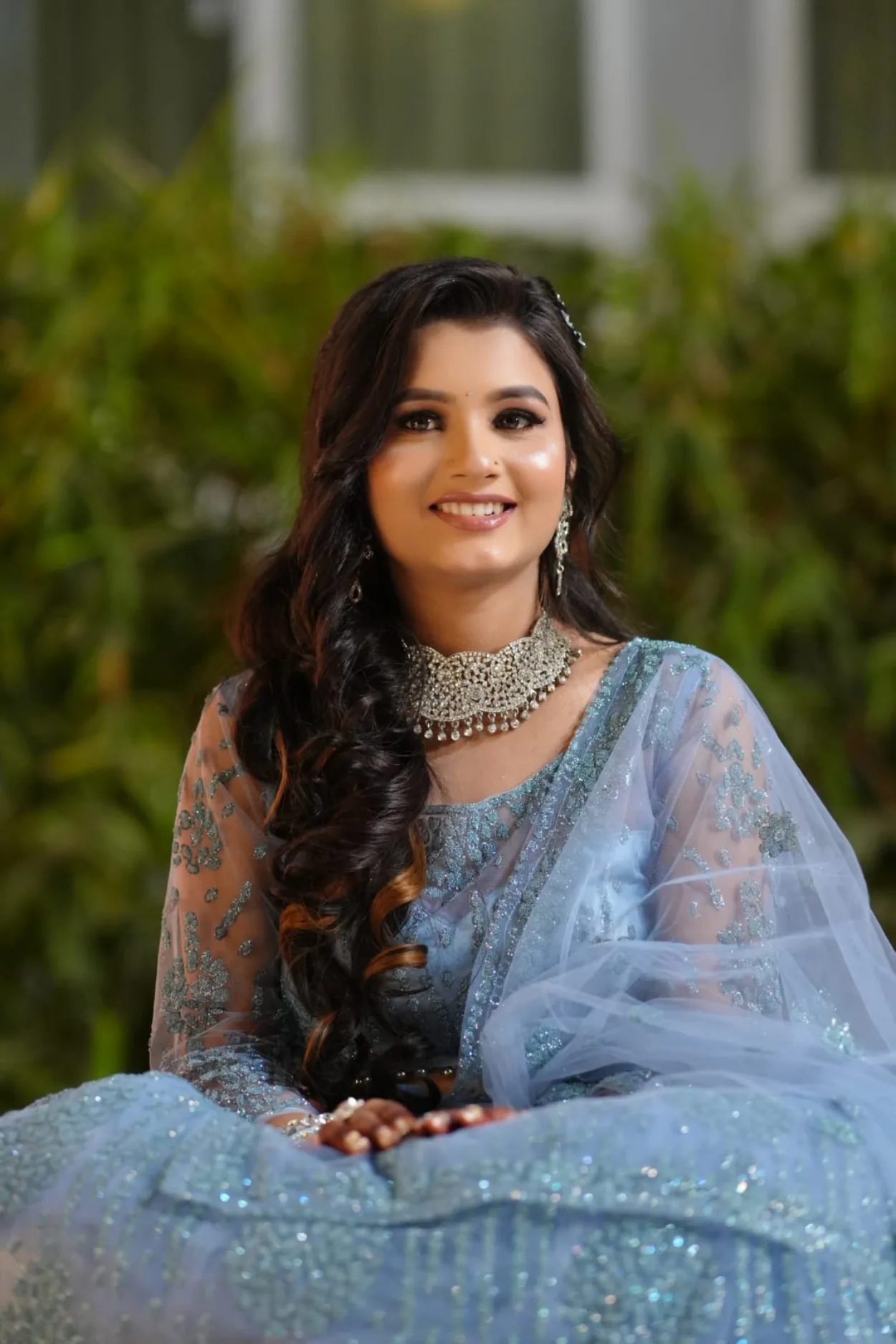 Sandhya Maurya's Ultra HD engagement makeup, showcasing a luminous, timeless style with a flawless finish.