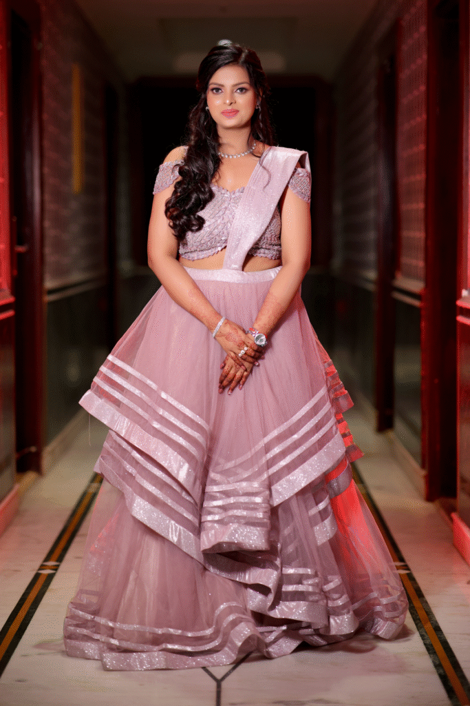 Sandhya Maurya's Ultra HD engagement makeup, showcasing a luminous, timeless style with a flawless finish.