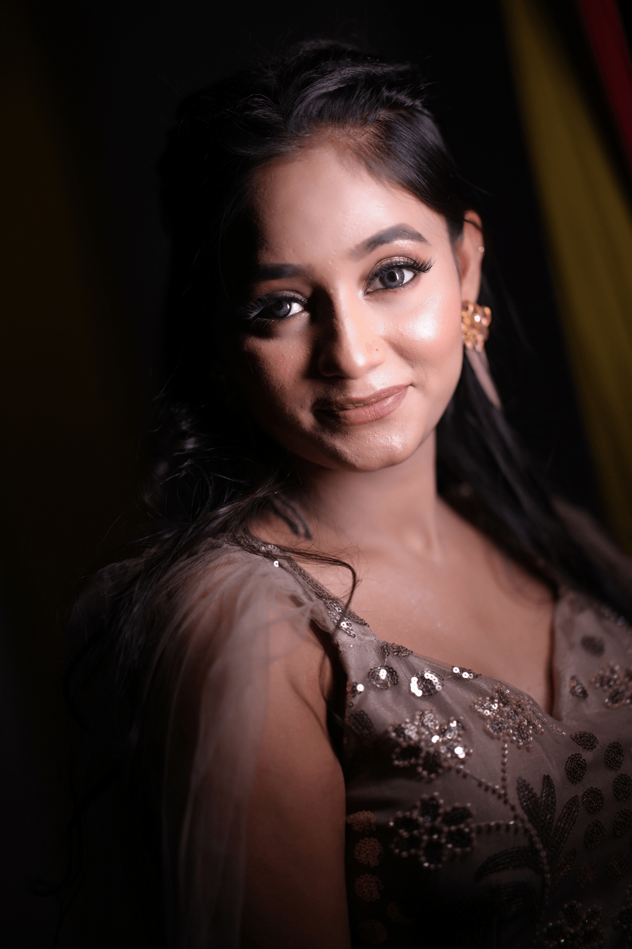 Sandhya Maurya's Ultra HD party makeup, showcasing a glamorous and flawless look perfect for an evening event.