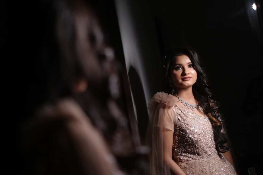 Sandhya Maurya's Ultra HD engagement makeup, showcasing a sophisticated and elegant look with a flawless finish.