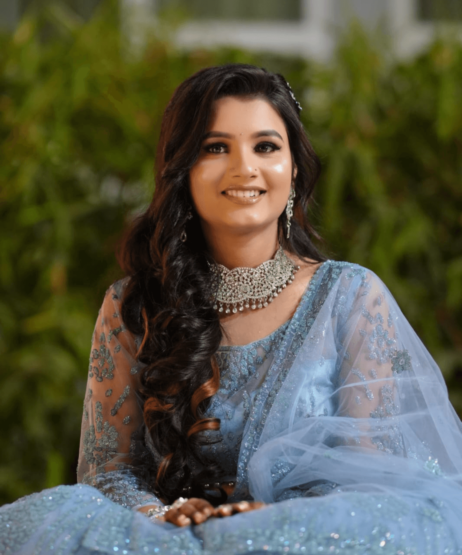 Sandhya Maurya's Ultra HD engagement makeup, showcasing a luminous, timeless style with a flawless finish.